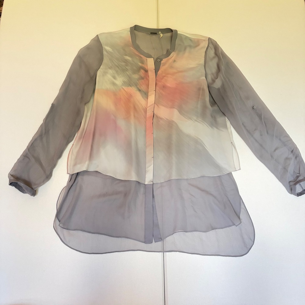 Elie Tahari Silk Watercolor Abstract Layered Blouse Grey Pink Large EN0X5504